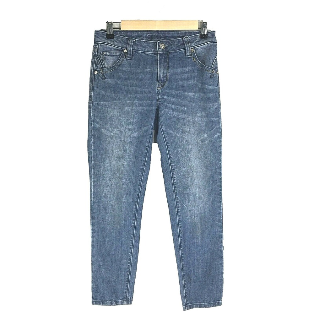 Cache Skinny Jeans 2 Blue‎ Denim Gold Metallic Contrast Rhinestone Button Pant